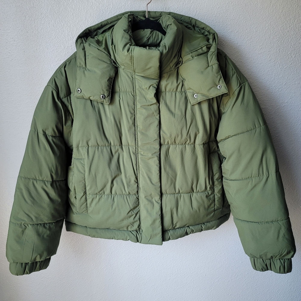 American Eagle The Big Puffy Reversible Hooded Coat Size Medium In Olive - Picture 5 of 14